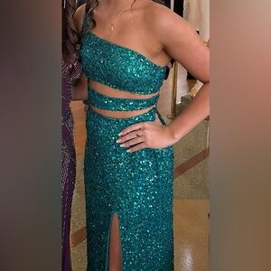 One shoulder turquoise sequin prom dress